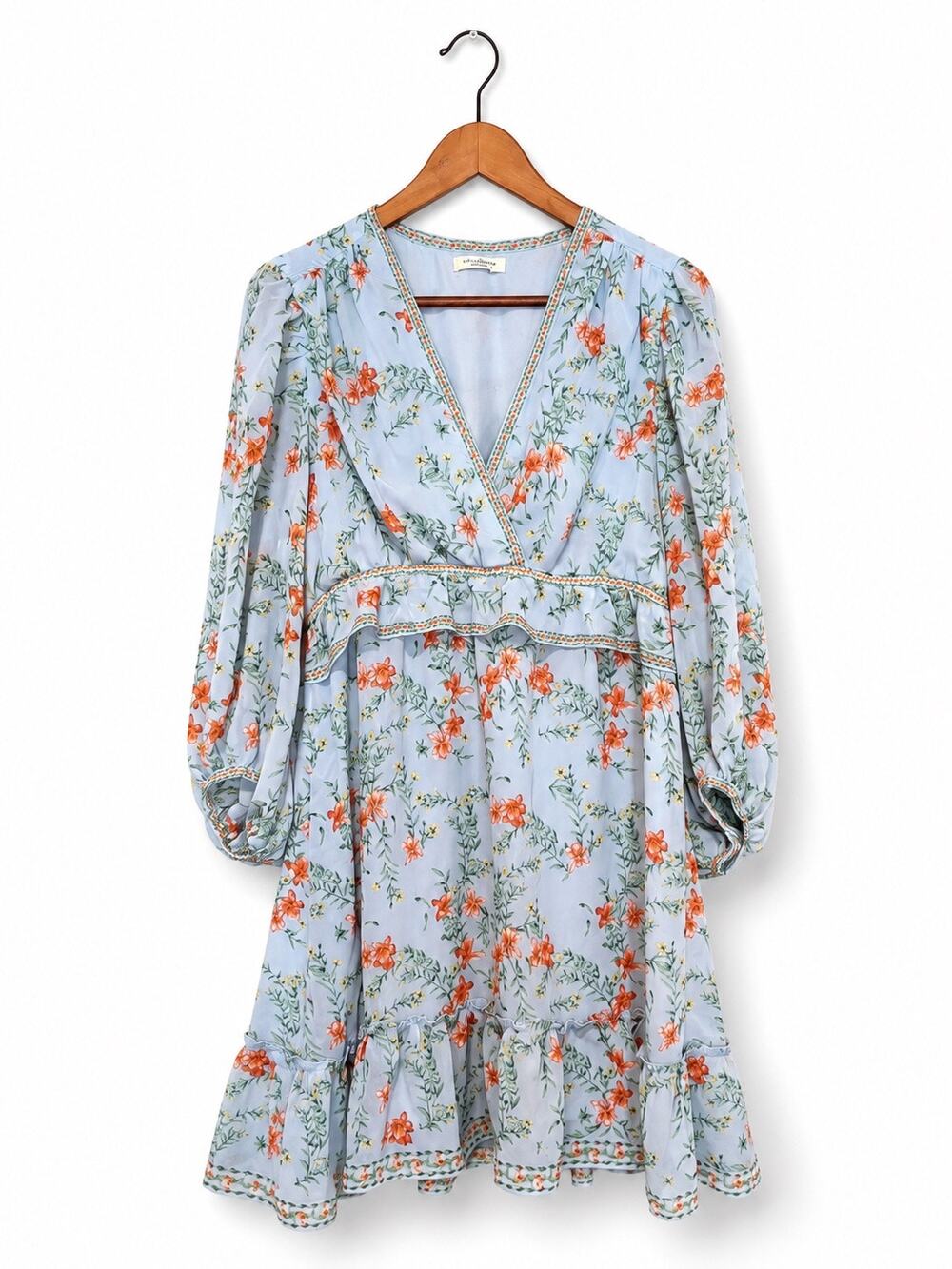 Max Studio Blue Cottagecore Floral Dress Sz L Feminine Sheer Ruffle Soft Girl